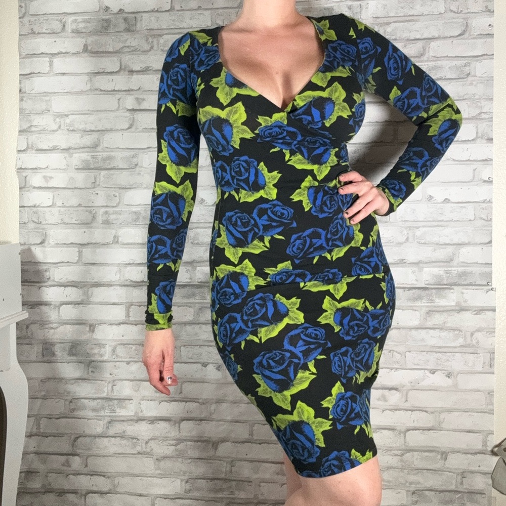 Betsey Johnson Floral Retro Blue Rose Neon Green Bodycon Mini Dress